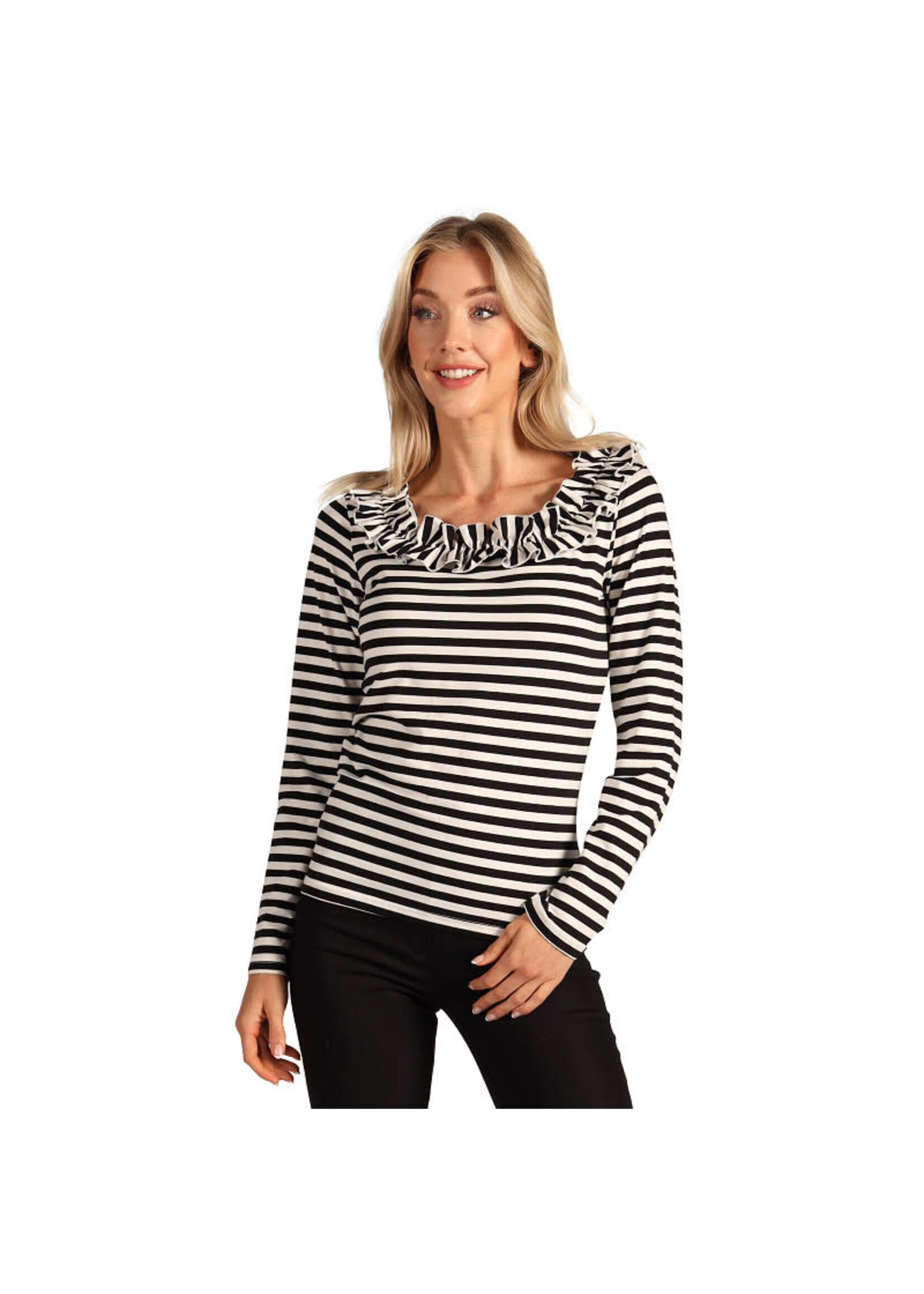 Thetru Gestreept damesshirt met ruschekraag Zwart/wit