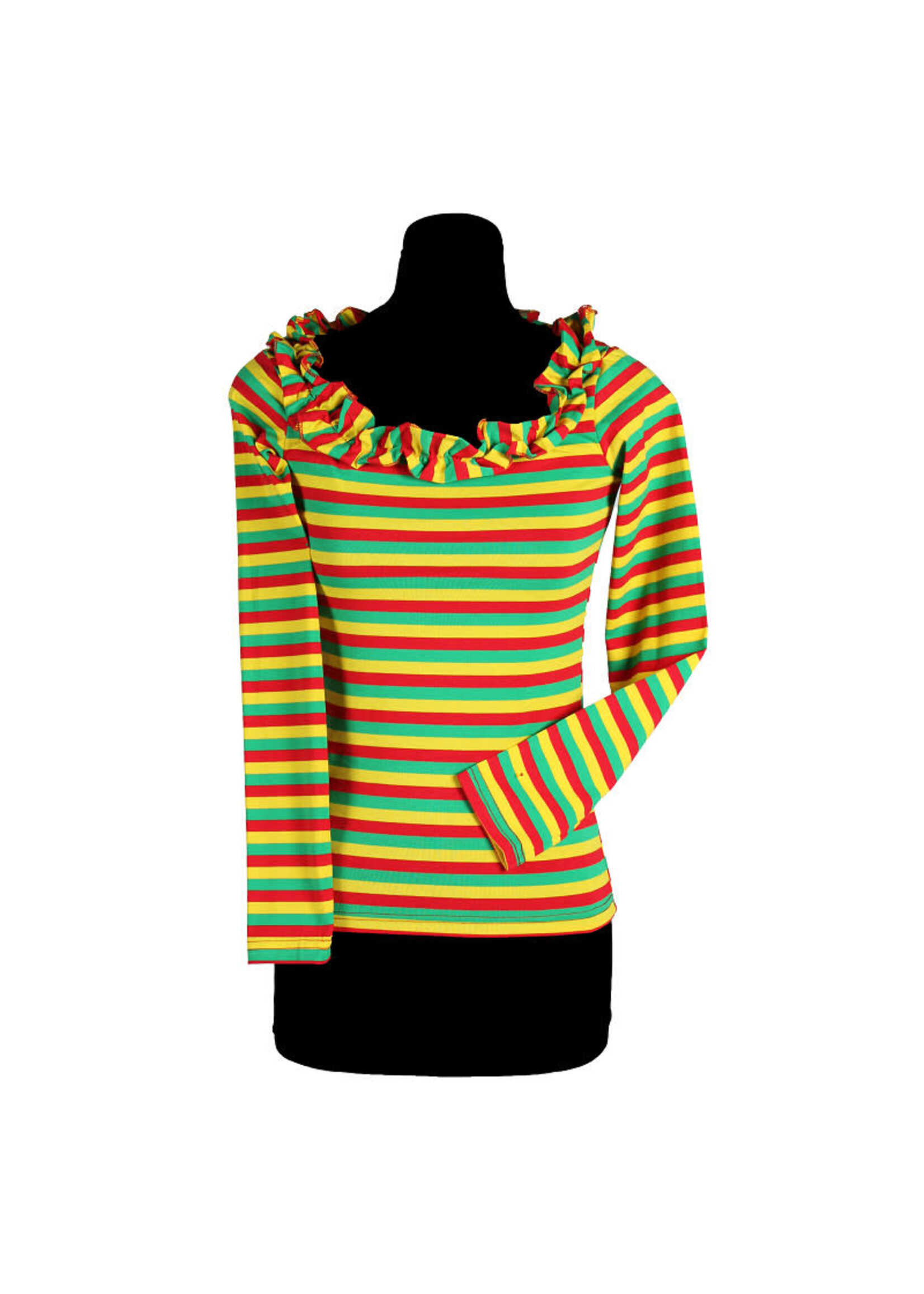 Thetru Gestreept damesshirt met ruschekraag Rood/geel