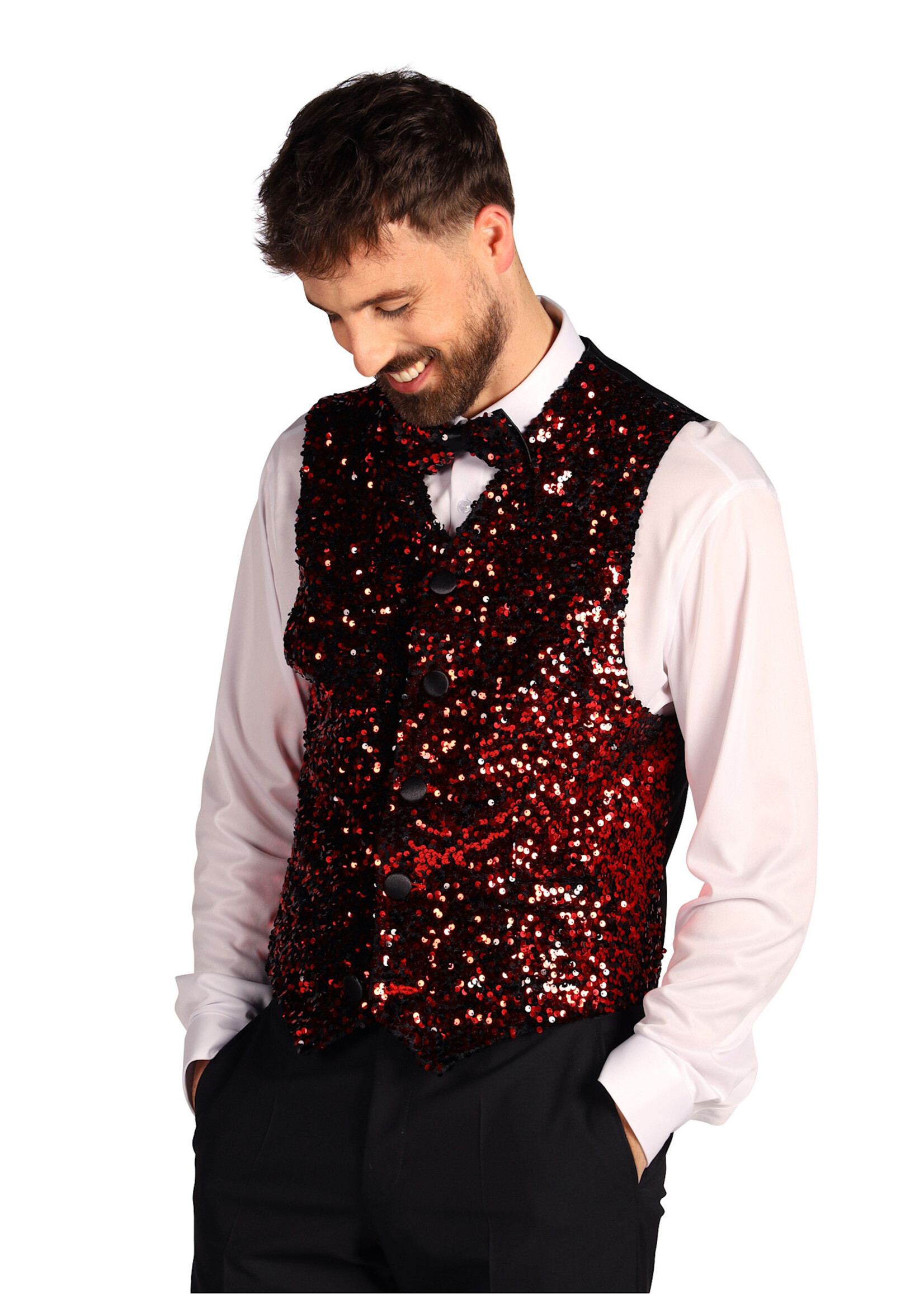 Thetru Heren paillettenvest "West End" Rood-Zwart