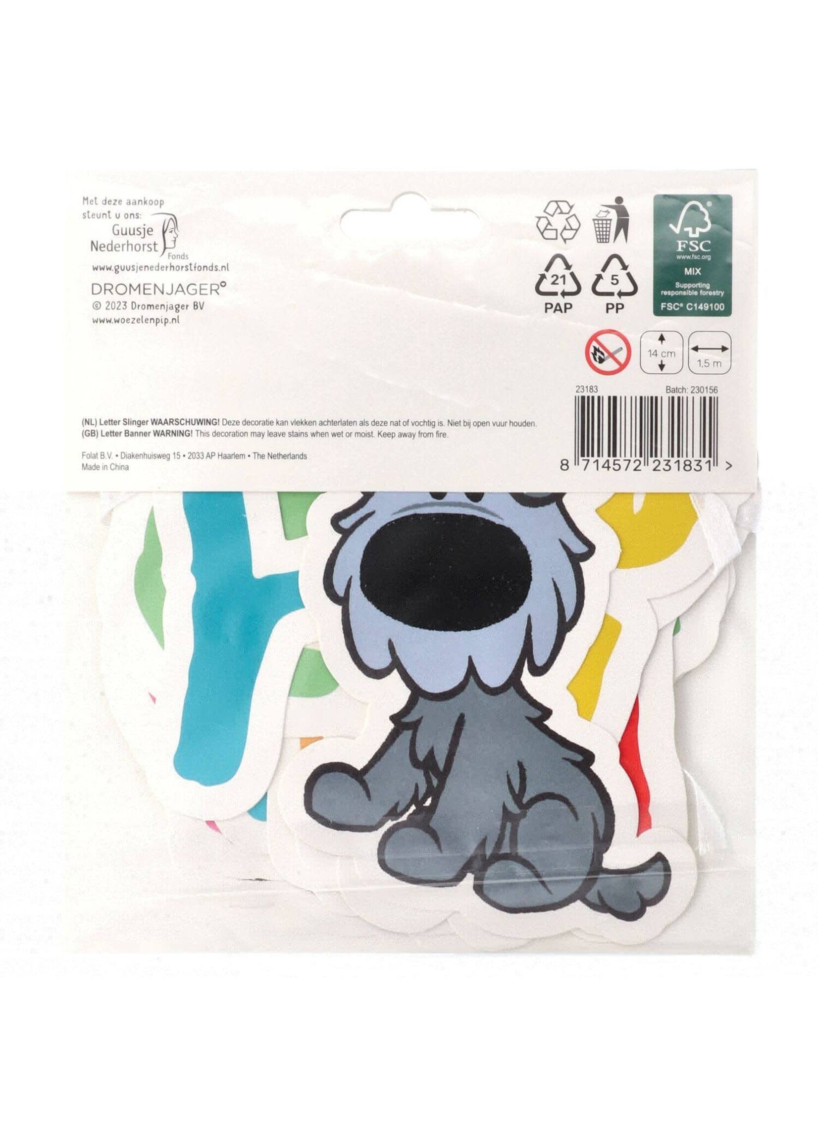 Feestkleding Breda Letterslinger 'hiep hiep hoera' - Woezel en Pip