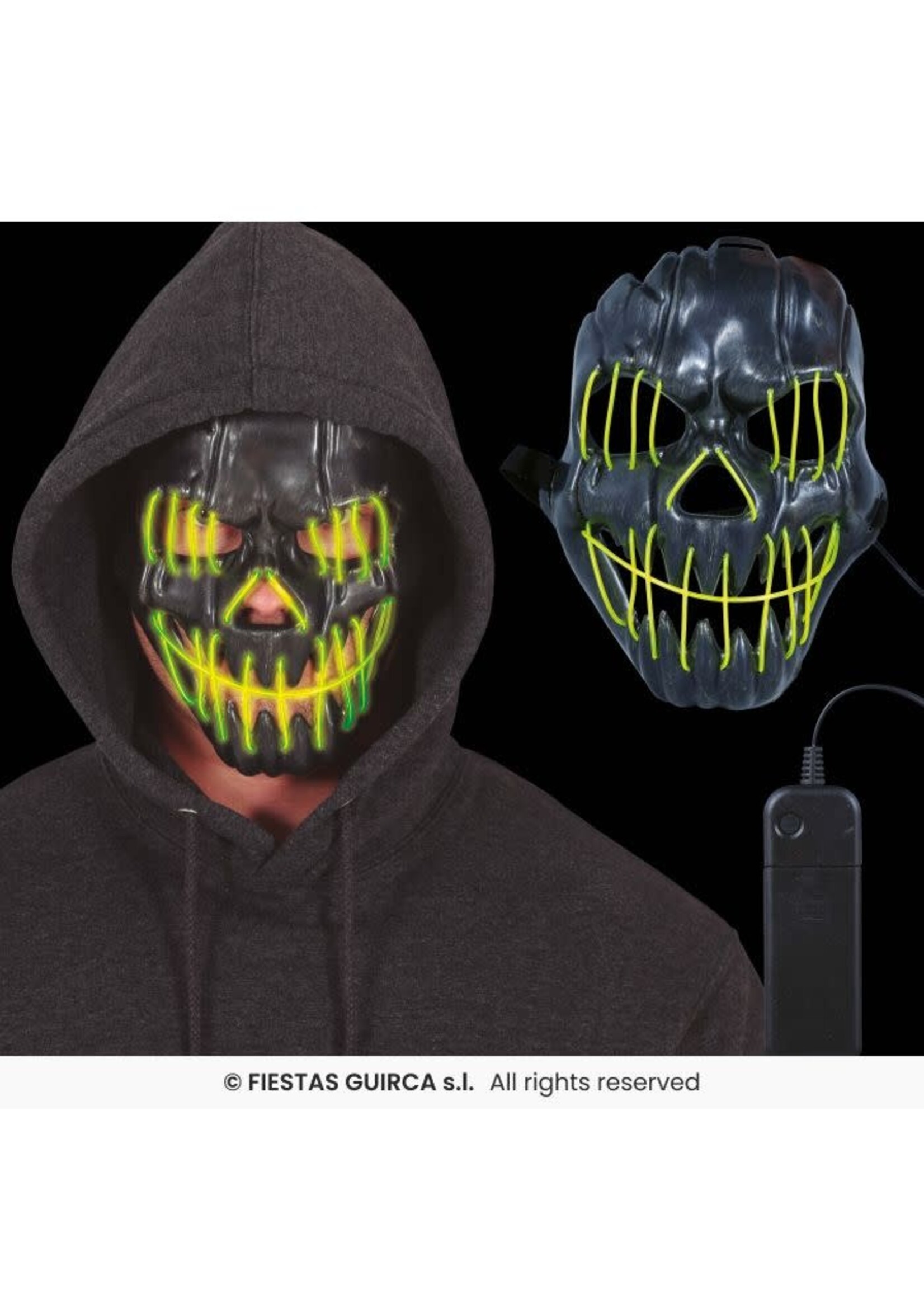 Fiestas Guirca Zwart lachend masker met LED-verlichting