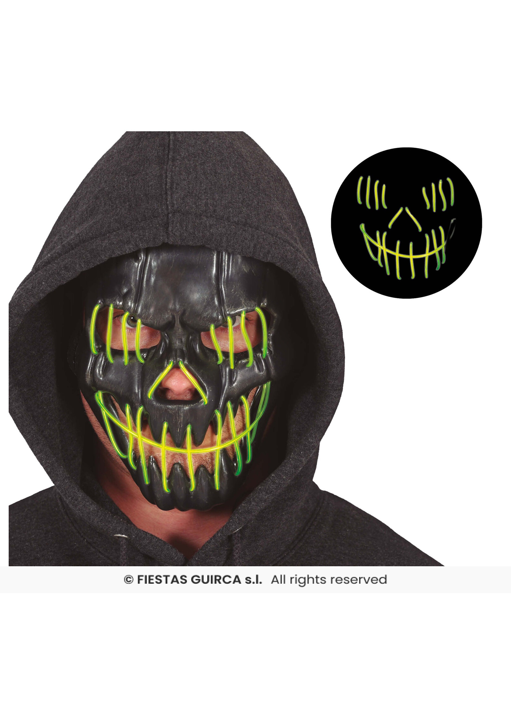 Fiestas Guirca Zwart lachend masker met LED-verlichting