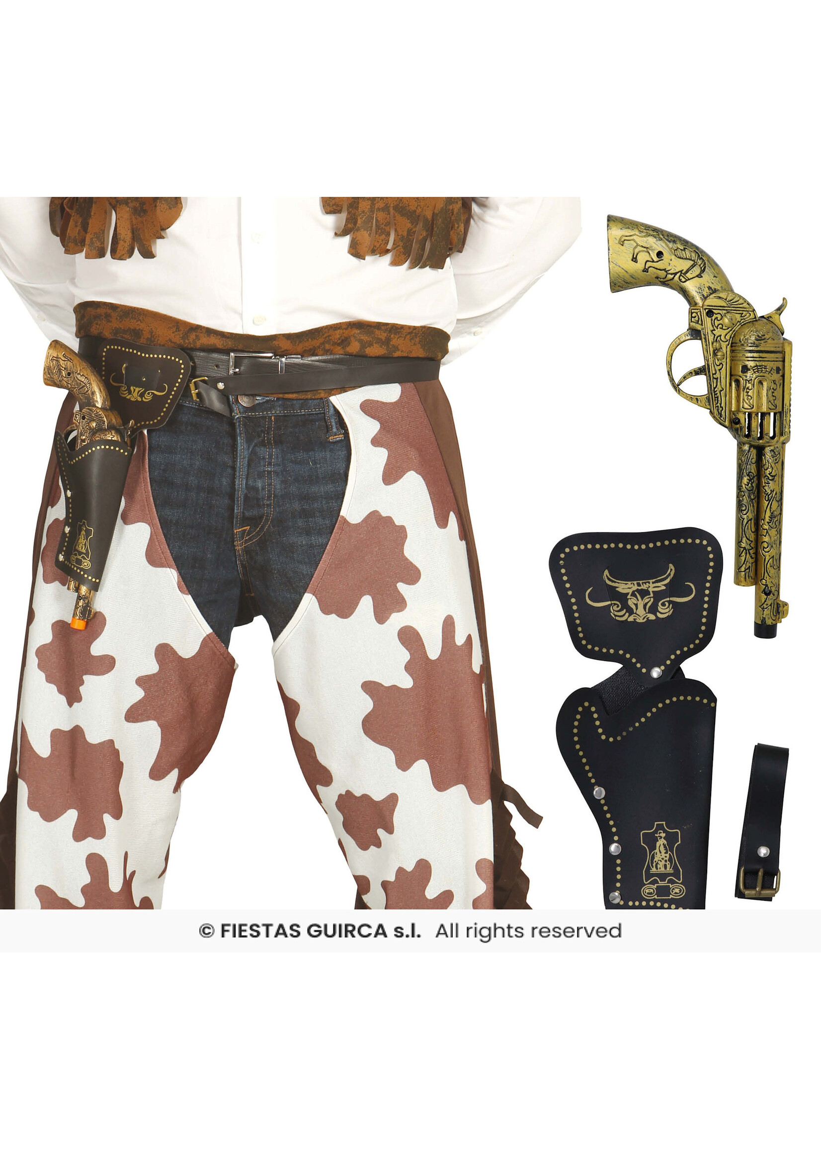 Fiestas Guirca Cowboy holster met gouden revolver