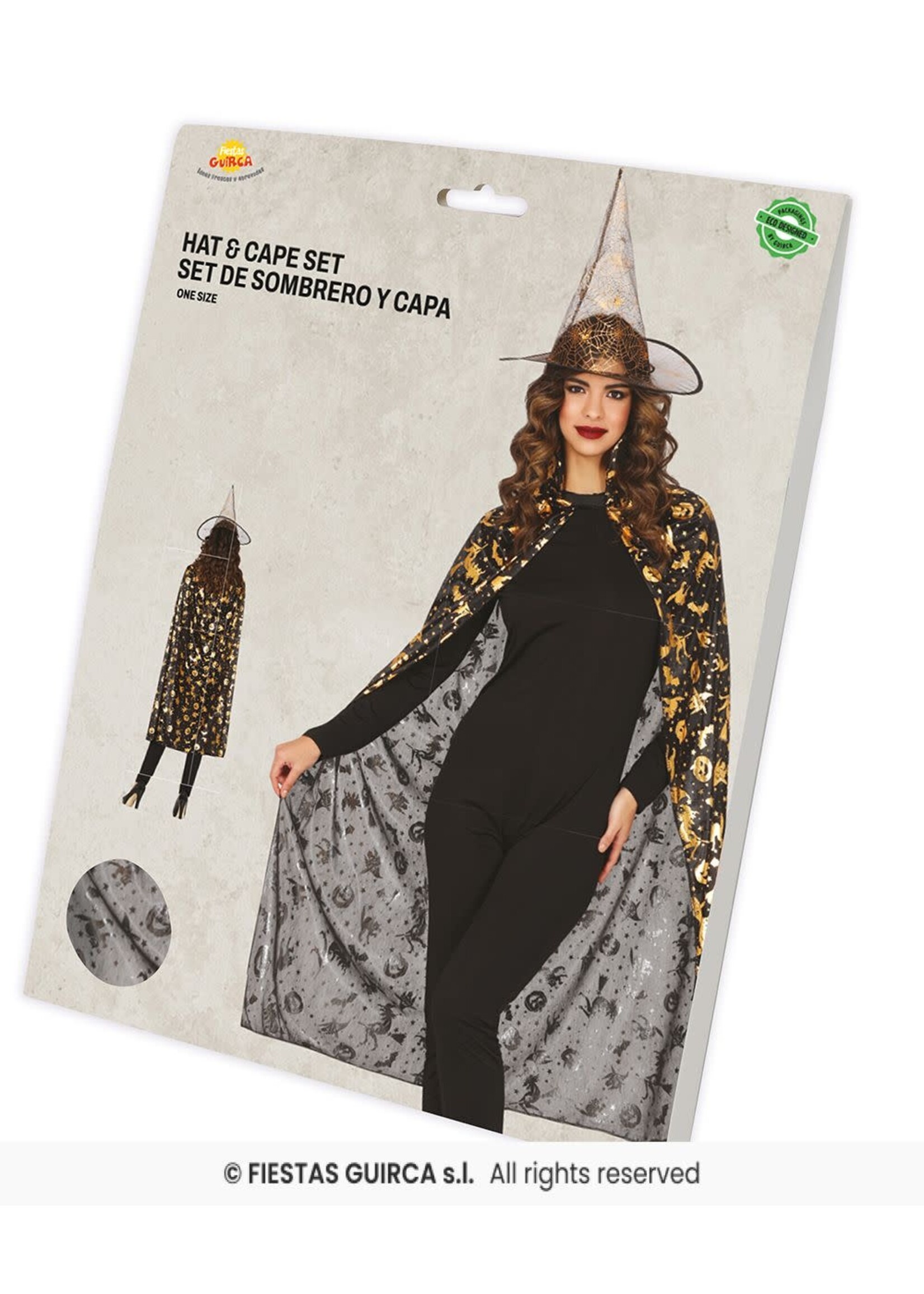 Fiestas Guirca Zwart-gouden heksencape met hoed 110 cm