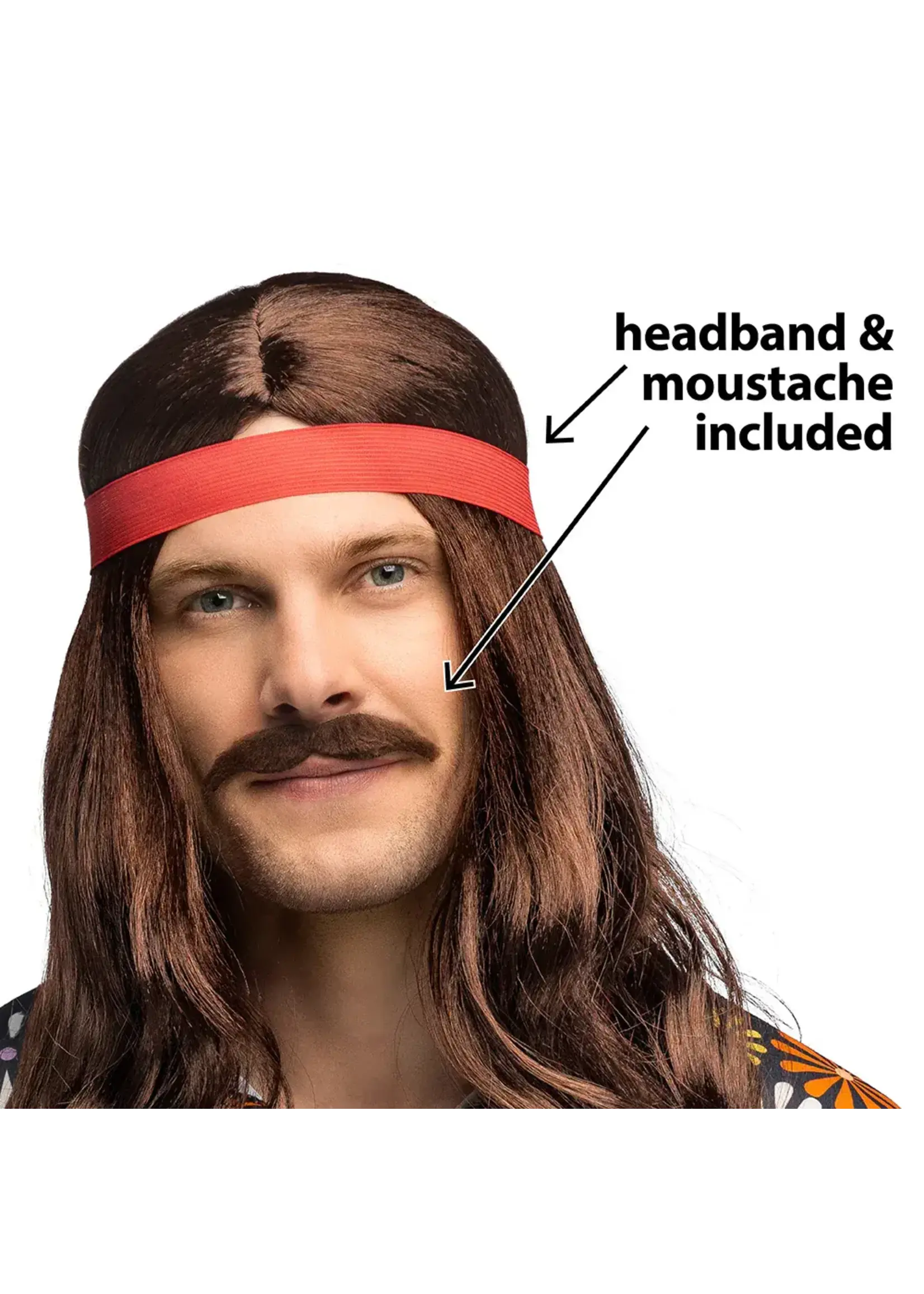 Boland Bruine hippie pruik met haarband en snor