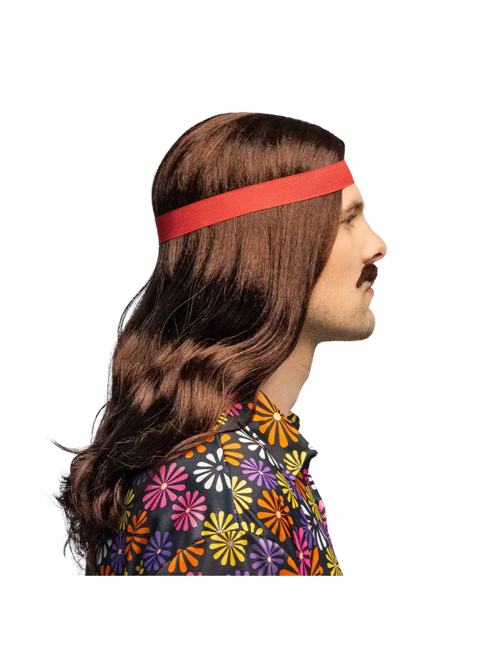 Boland Bruine hippie pruik met haarband en snor