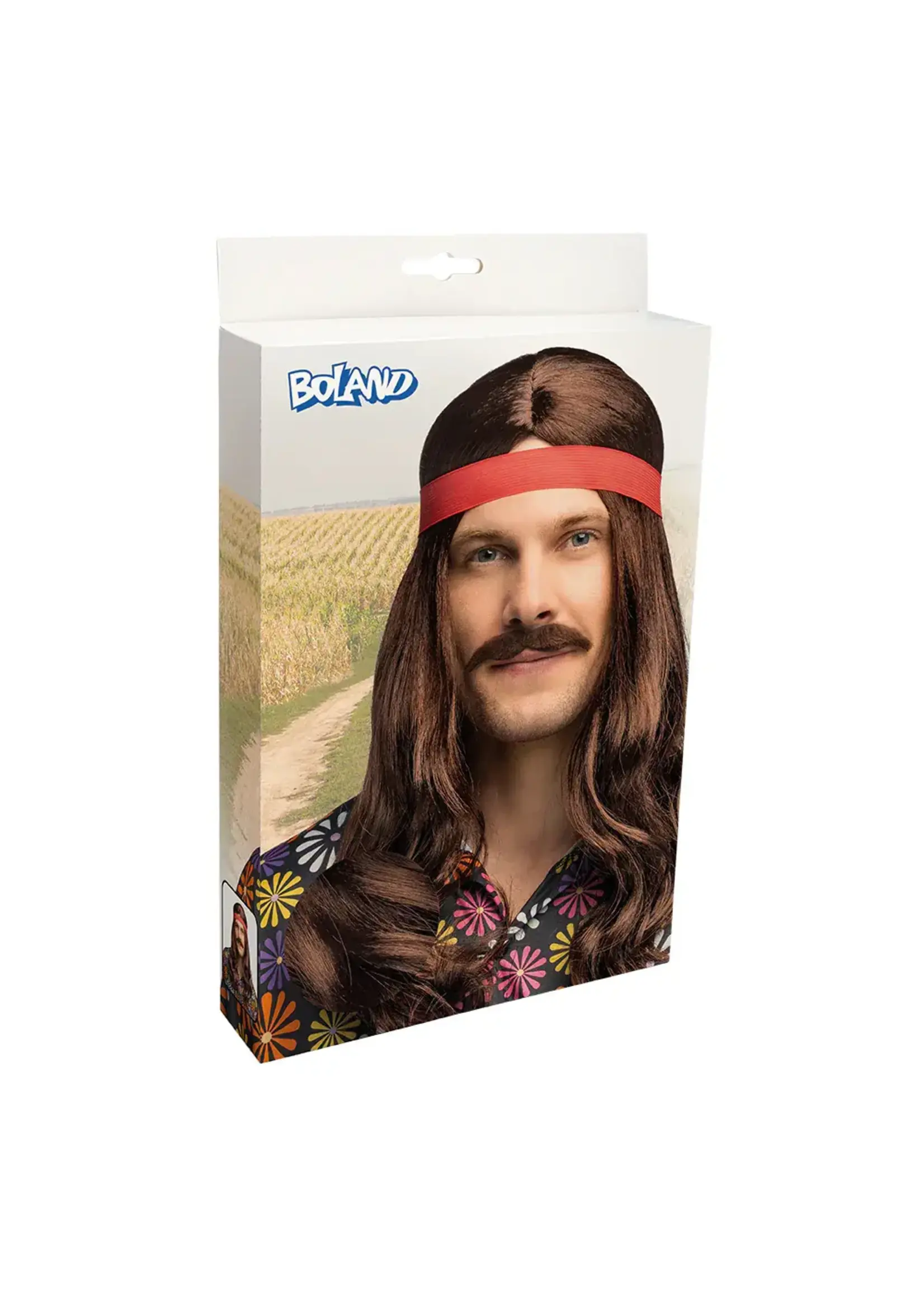 Boland Bruine hippie pruik met haarband en snor