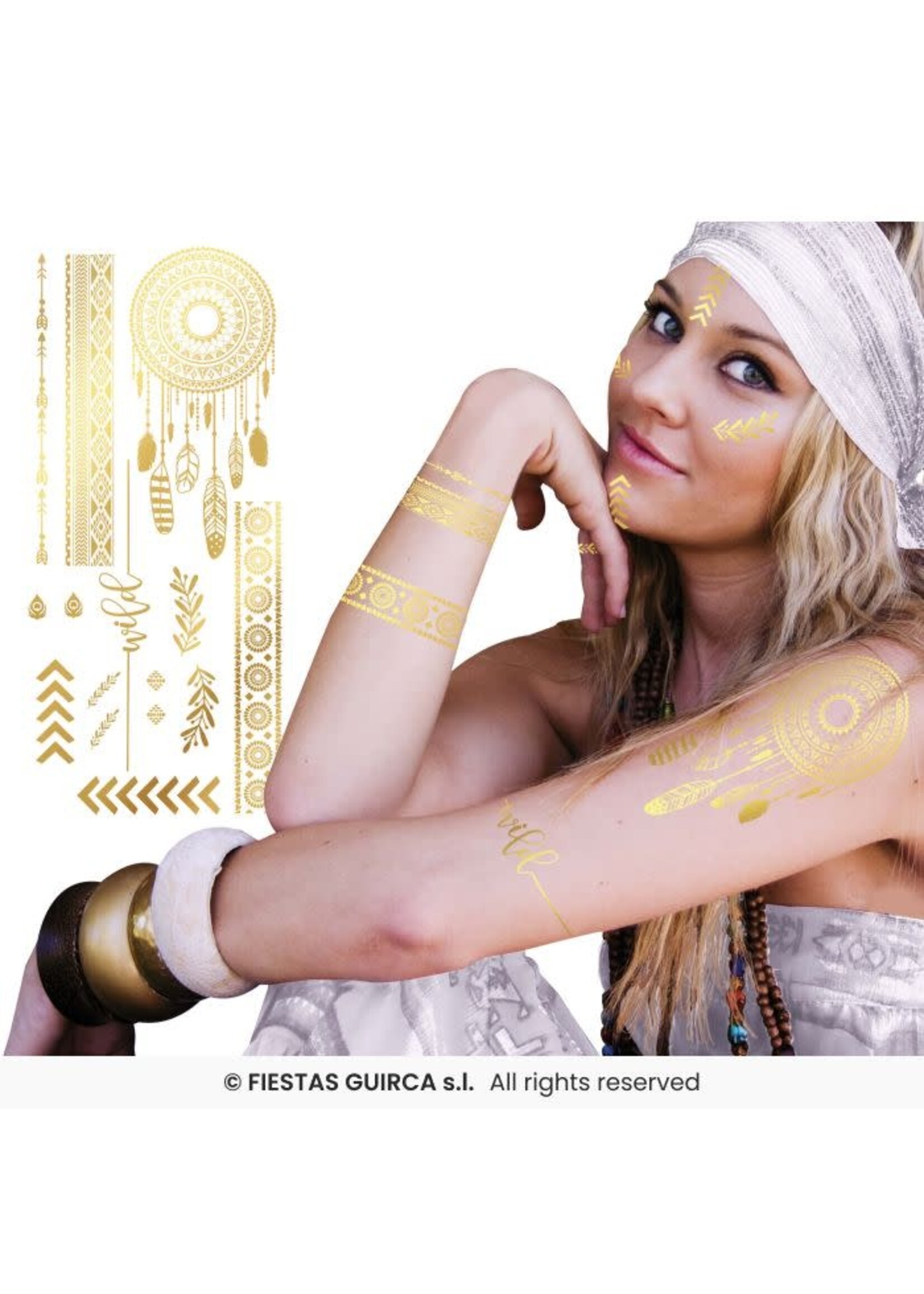 Fiestas Guirca Gouden hippie plaktattoos