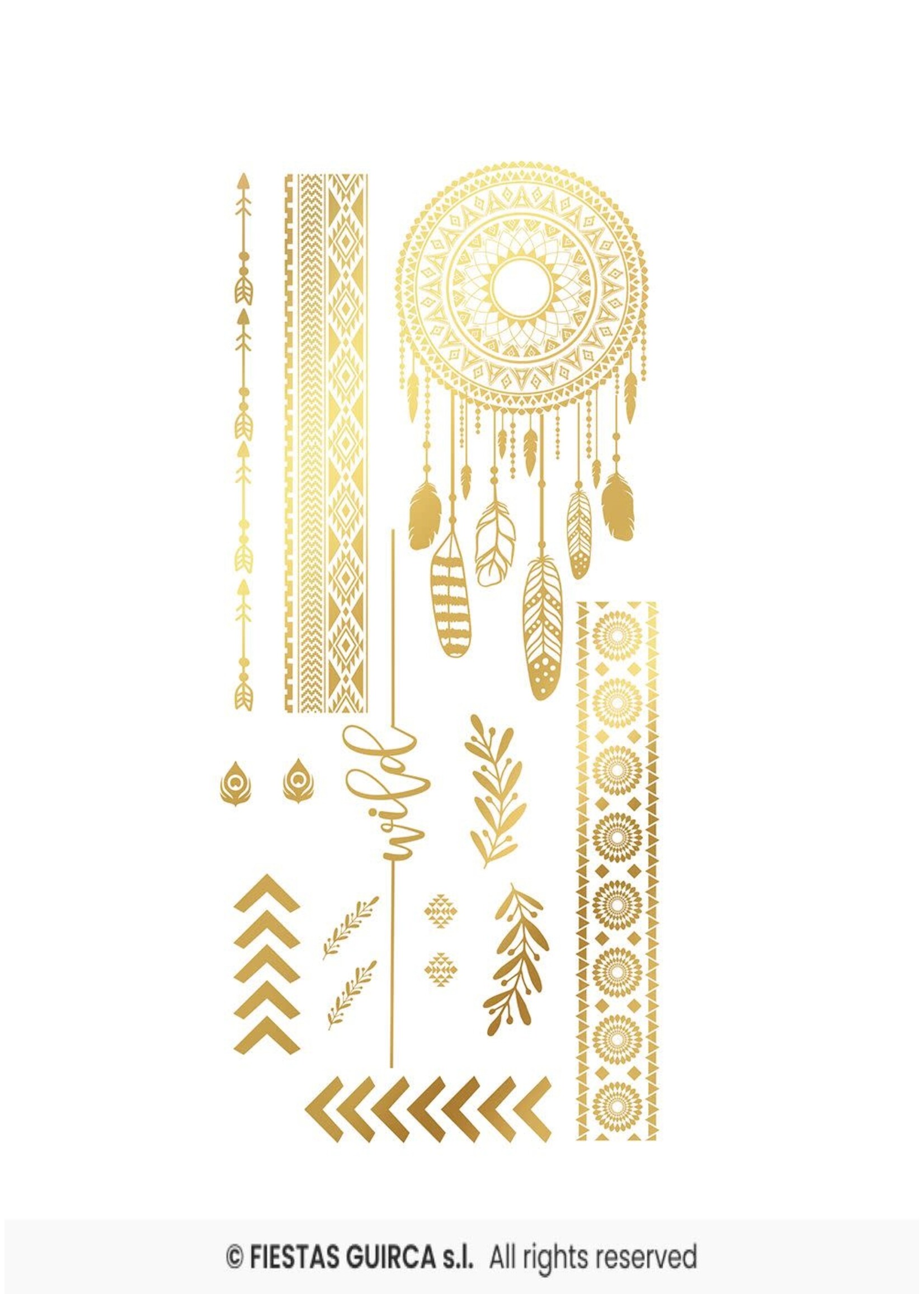 Fiestas Guirca Gouden hippie plaktattoos