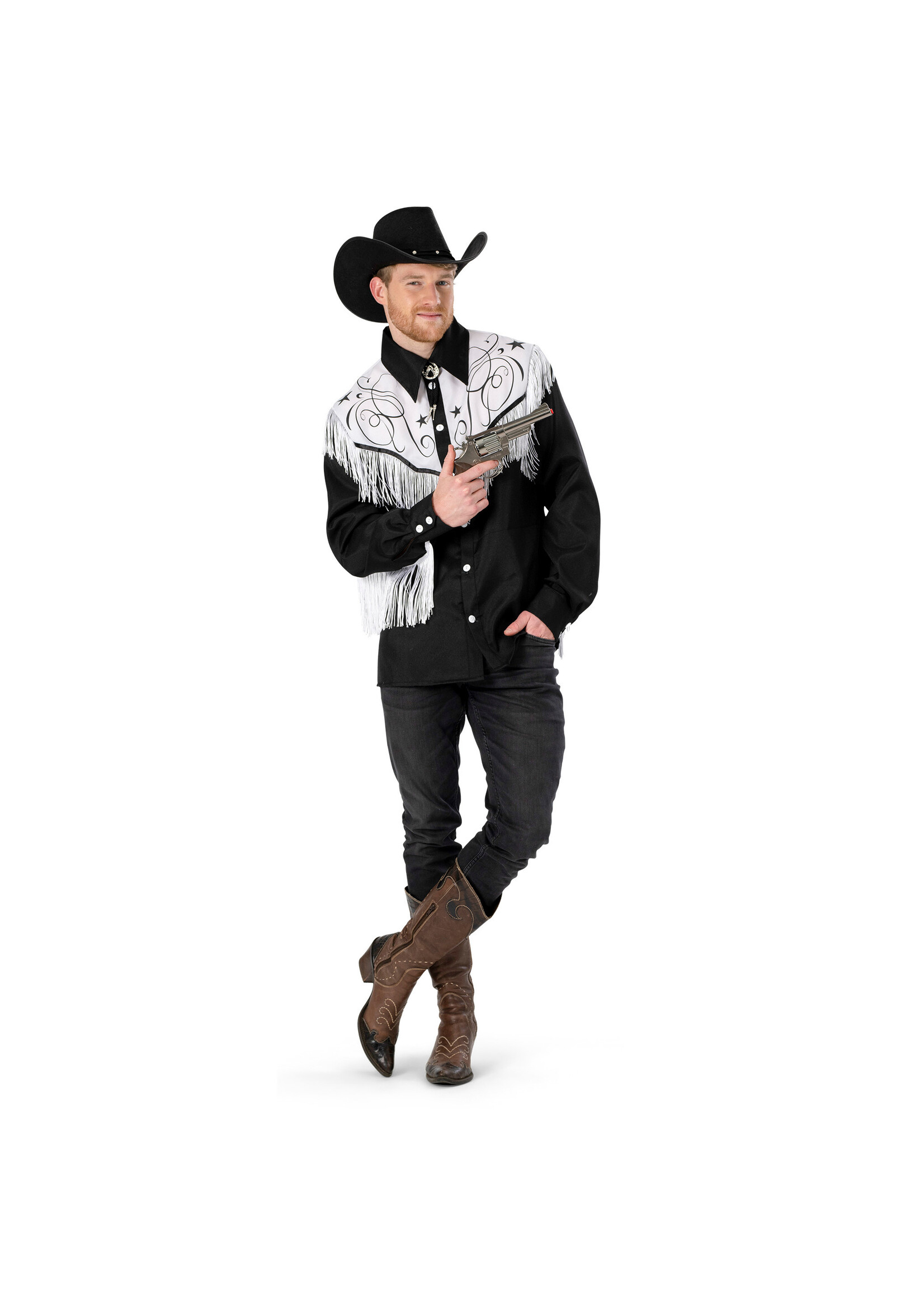 Feestkleding Breda Zwart-witte cowboyblouse met franjes