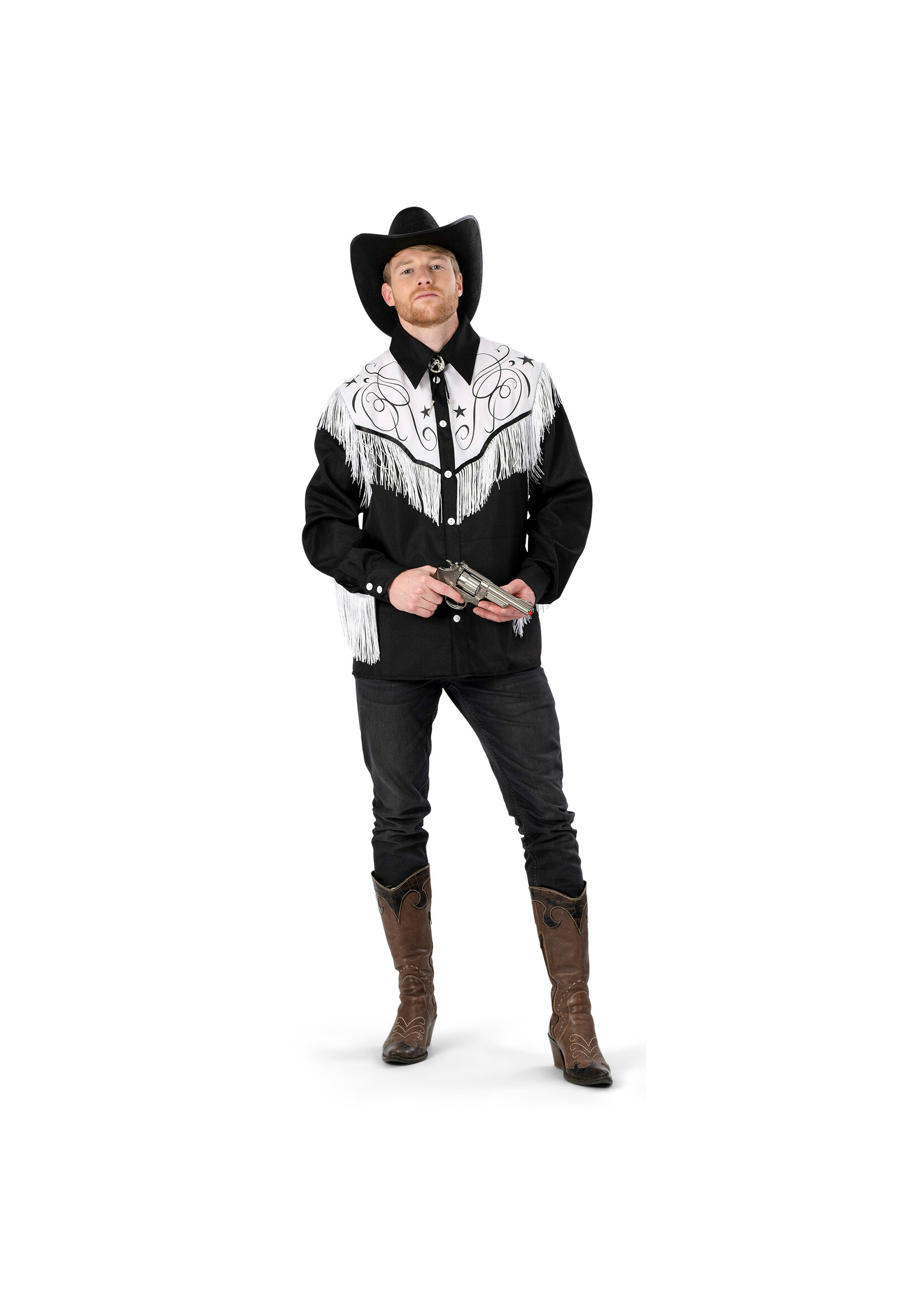 Feestkleding Breda Zwart-witte cowboyblouse met franjes