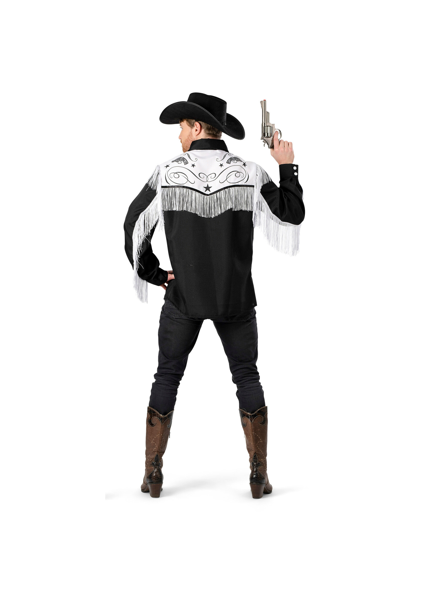 Feestkleding Breda Zwart-witte cowboyblouse met franjes
