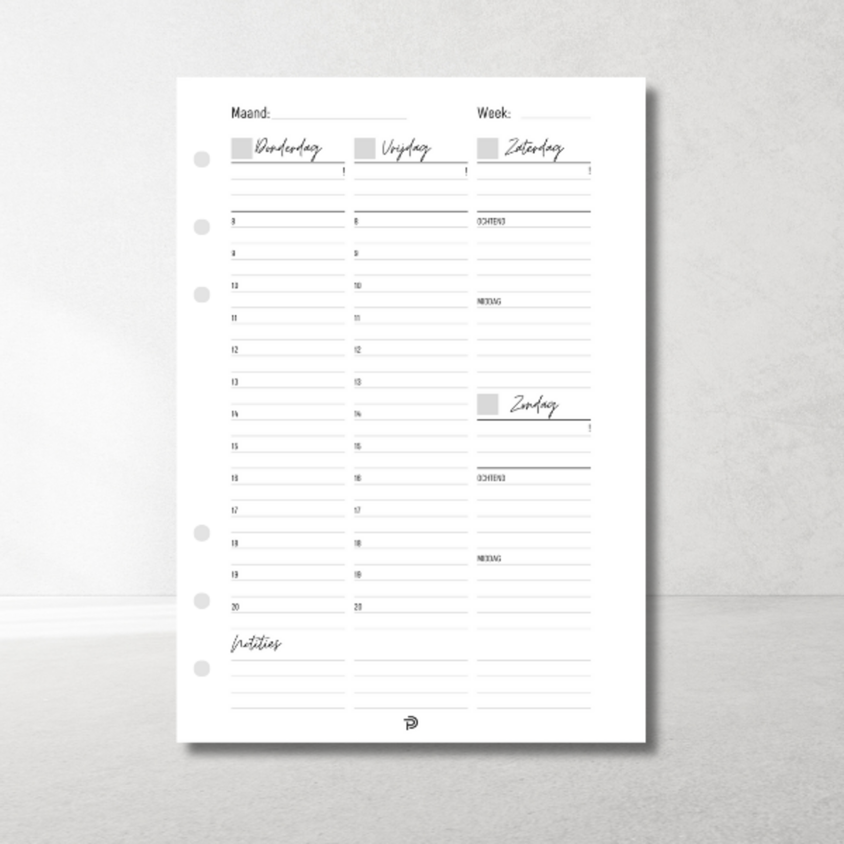 Weekplanner Verticaal A5 ongedateerd