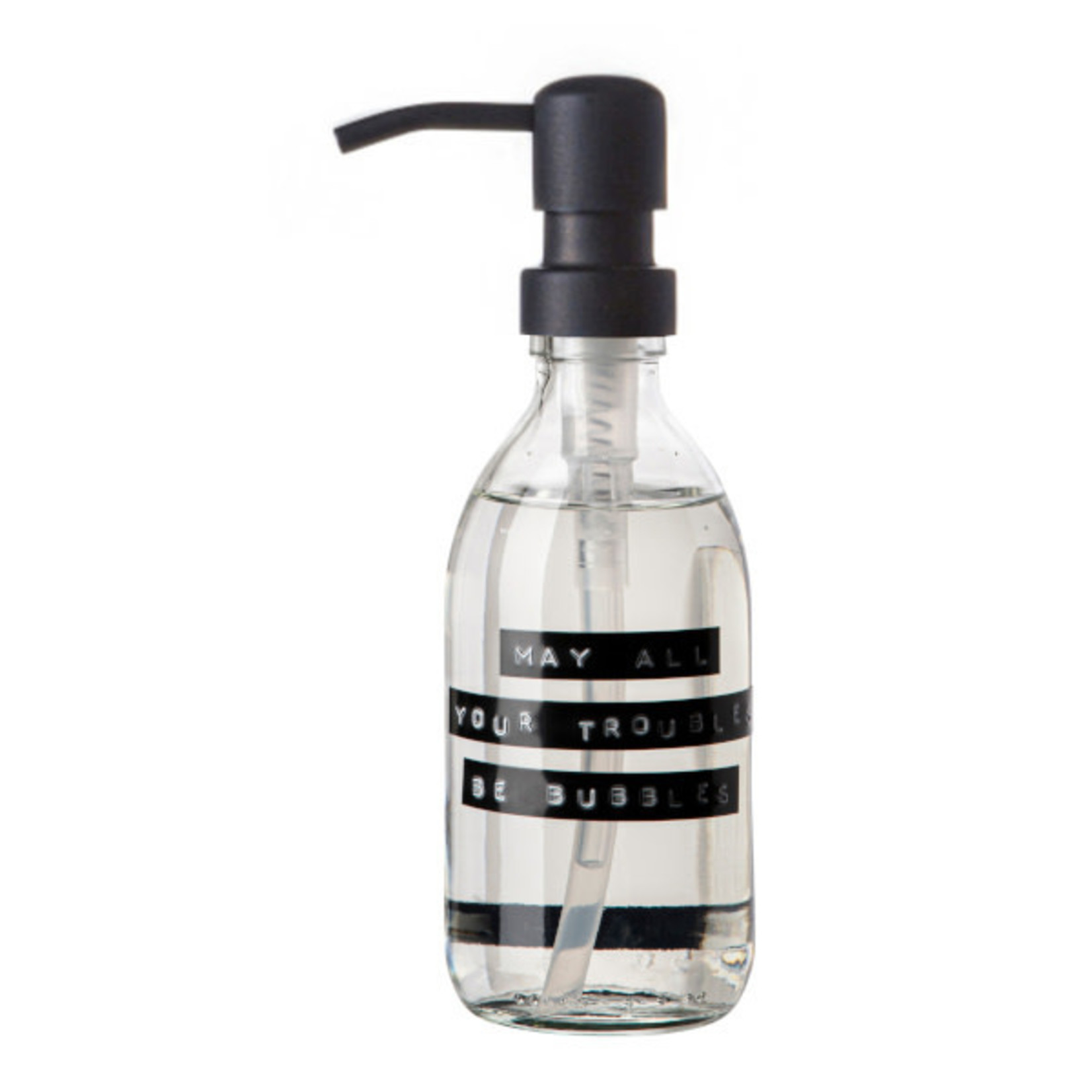 Wellmark Soap dispenser transparent glass fresh linen hand soap 250ML. black MAY ALL YOUR TROUBLES BE BUBBLES
