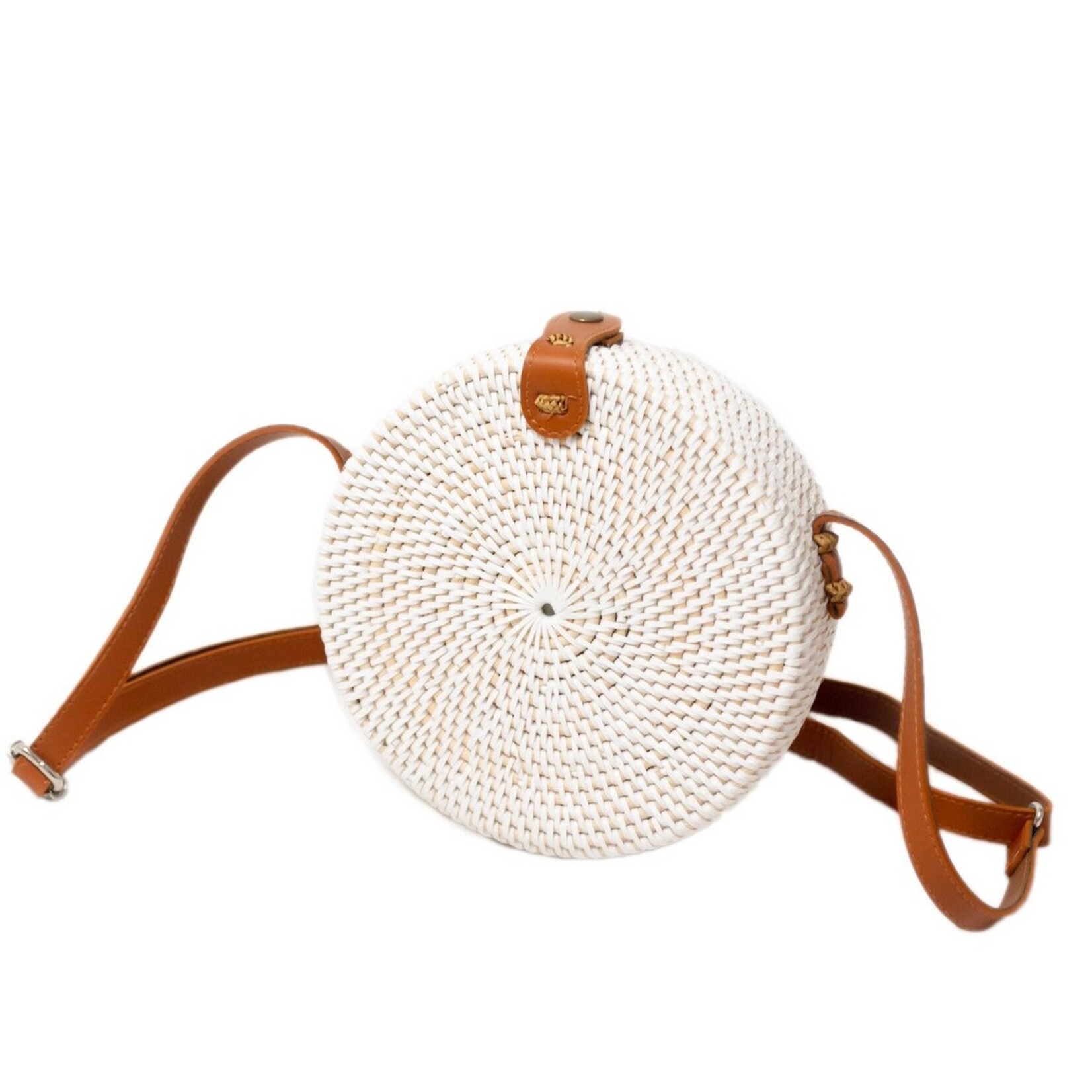 Soeji Ronde rotan tas witte handgemaakte crossbody tas met synthetische lederen riemen schoudertas Boho Bali tas SENJA (wit)