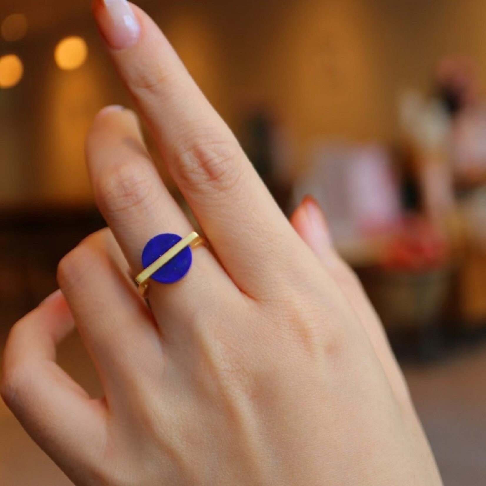 CiCi'De Jewelry Amsterdam Goud vermeil minimalistische ronde edelsteen ring - verstelbaar - Lapis Lazuli