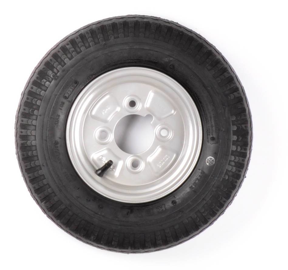 Komplettrad 8 Zoll 4.00-8 Reifen + Felge - Schmiernippelabstand: 4x101,6 - 4PR - 265 kg - 67 mm Nabendurchmesser - mit Schmiernippelaussparung