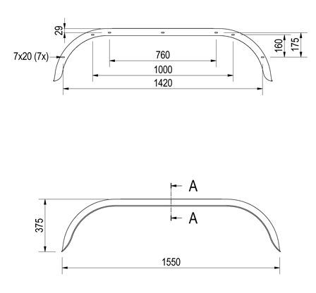Original Hapert Tandem-Kotflügel Metall 1550x220x375 mm - Umfang 2040 mm