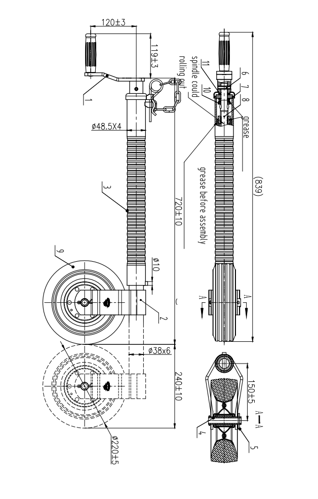Nasenrad - 48 mm - gerippt - 350 kg maximale Tragfähigkeit - Stahlfelge