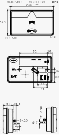 Aspock MultiLED 2 Rückleuchte links 240x140x54 mm - Voll-LED - 8-poliger Stecker mit 50 cm Kabel