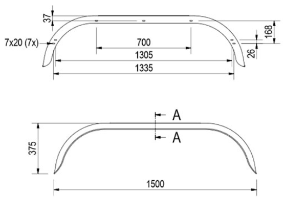Tandem-Kotflügel Metall 1500x200x375 mm - Umfang 1920 mm