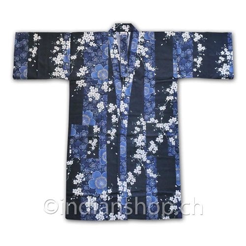 Yukata Japonais en Coton Bleu et Noir - Motifs Floraux 661-BL