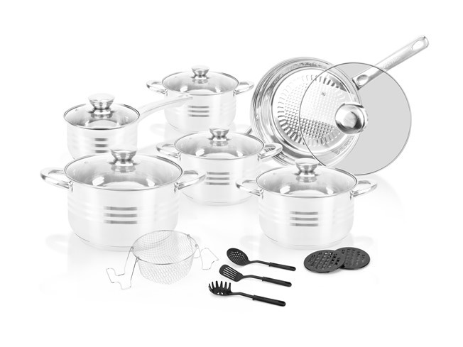 Swiss Pro+ Luxe pannenset - 18 delig - RVS met glazen deksels