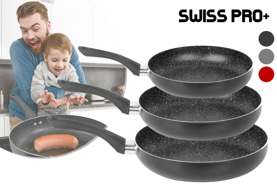 Swiss Pro+ Koekenpannenset - 3-delig - 20, 24, 28 cm - zwart marmer non-stick coating