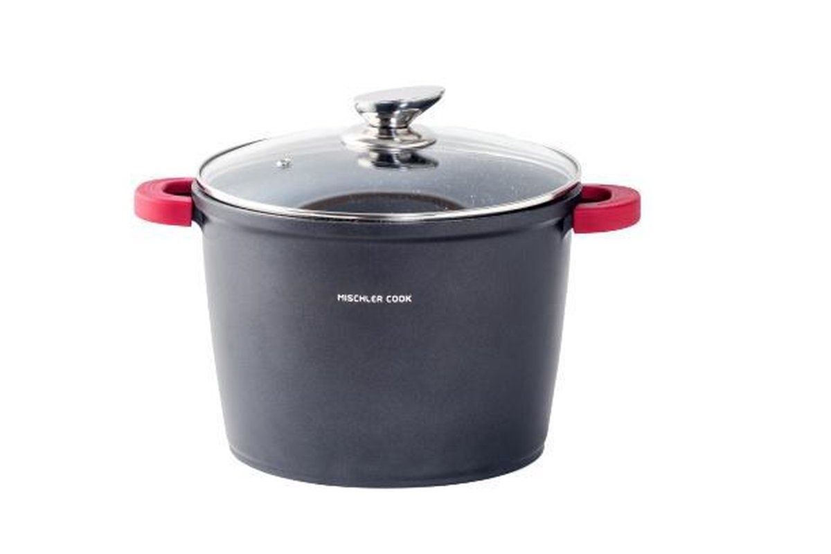 Mischler Cook Kookpan - Soeppan 6,6 liter - 24 cm - met glazen deksel - zwart - 3-delig