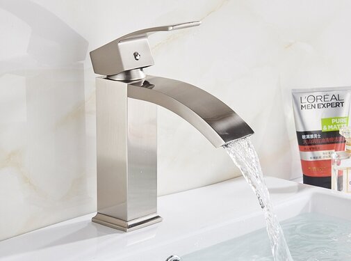 VALISA Luxe waterval wastafel kraan messing mengkraan Geborsteld nikkel C