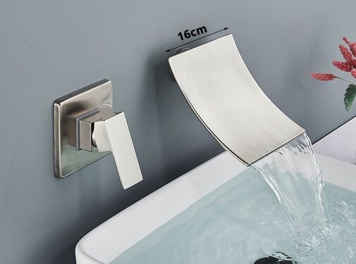 VALISA Breed geborsteld nikkel waterval wastafel wand mengkraan