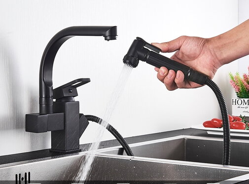 VALISA Zwarte kraan dubbele uitloop Trek en spoelkop