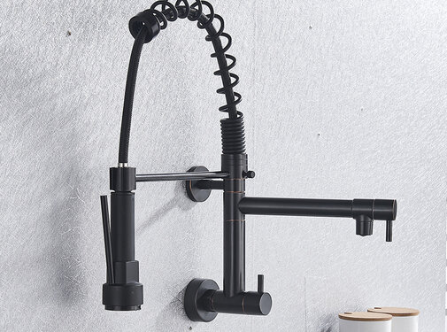 VALISA Zwarte wand horeca spoel wandkraan met dubbele draaibare uitlopen.
