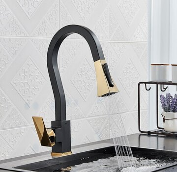 VALISA Luxe hoog gebogen design keuken mengkraan zwart goud