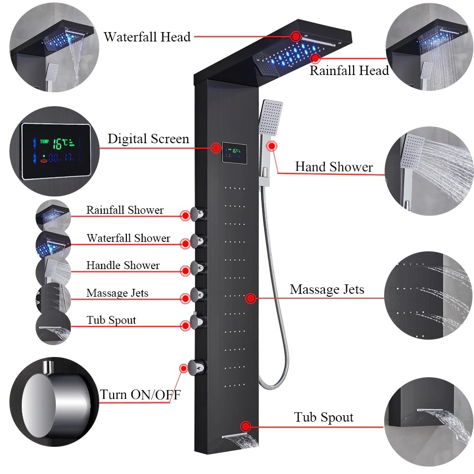 Shop nu deze Led regendouche paneel mengkraan met handdouche en temperatuur display Geborsteld nikkel A op Valisa.nl