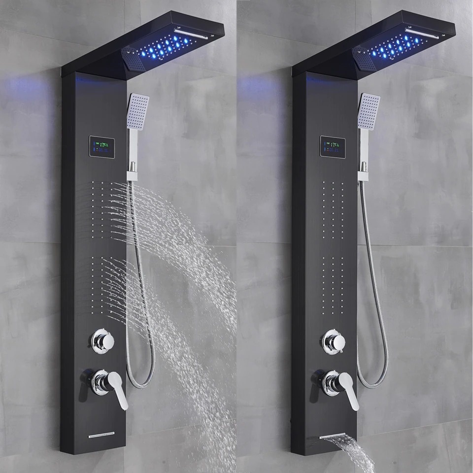 Shop nu deze Led regendouche paneel mengkraan met handdouche en temperatuur display zwart B op Valisa.nl
