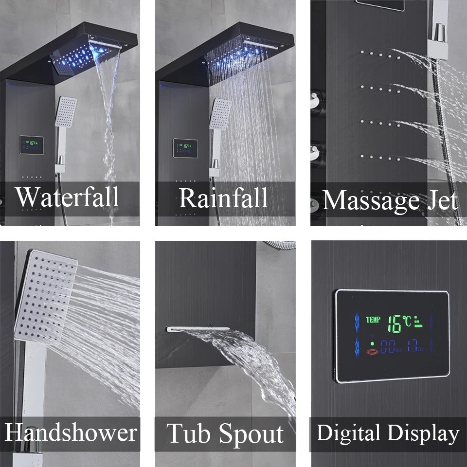 Shop nu deze Led regendouche paneel mengkraan met handdouche en temperatuur display zwart B op Valisa.nl