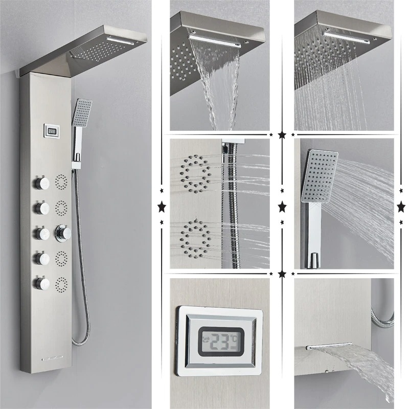 Shop nu deze Douche paneel mengkraan met handdouche massage systeem en display Geborsteld nikkel C op Valisa.nl