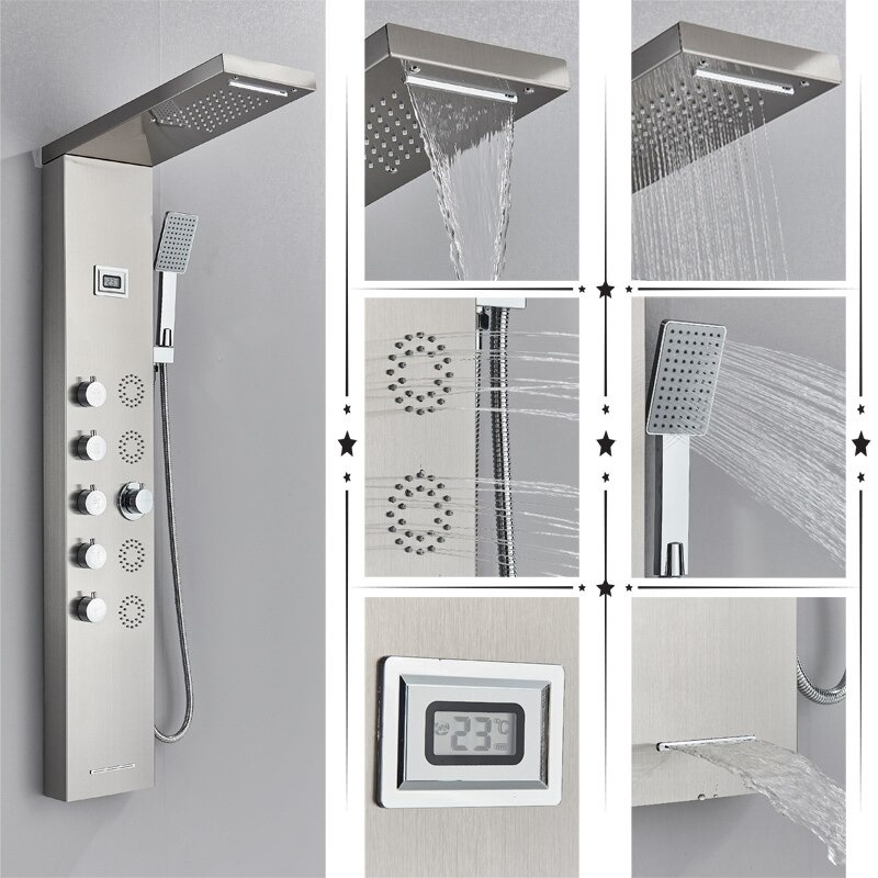 Shop nu deze Douche paneel mengkraan met handdouche massage systeem en display Geborsteld nikkel C op Valisa.nl