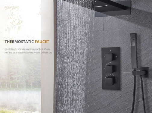 VALISA Zwart Luxe Thermostaat Waterval Regendouche Douche Met Handdouche