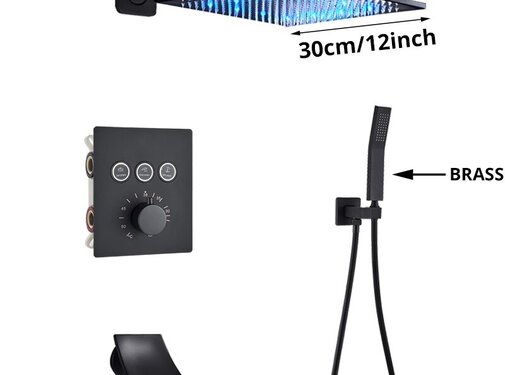 VALISA Luxe thermostatische LED regendouche wand kraan bad douche set zwart A3 Weg 30cm Muur