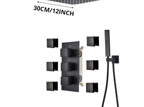 VALISA Thermostaat regendouche systeem met 6 massage bodyjets zwart 30cm plafond