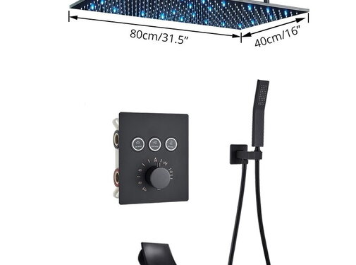 VALISA Douchekraan thermostatisch inbouw 3-Weg met grote LED 80x40cm hangende douchekop en handdouche