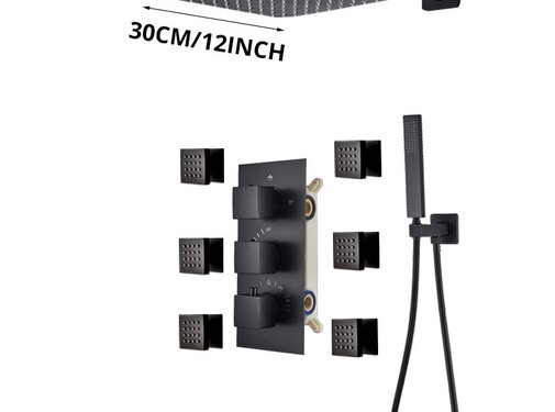 VALISA Thermostaat regendouche systeem met 6 massage bodyjets zwart 30cm muur