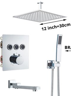 VALISA Luxe thermostaat inbouw douche kraan plafond regendouche set geborsteld nikkel 3 weg 30CM Plafond