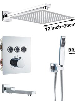 VALISA Luxe thermostaat inbouw douche kraan plafond regendouche set geborsteld nikkel 3 weg 30CM muur