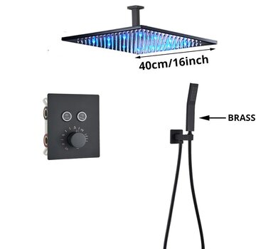 VALISA Luxe thermostatische LED regendouche wand kraan bad douche set zwart 2 Weg 40cm Plafond