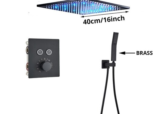 VALISA Luxe thermostatische LED regendouche wand kraan bad douche set zwart 2 Weg 40cm Plafond