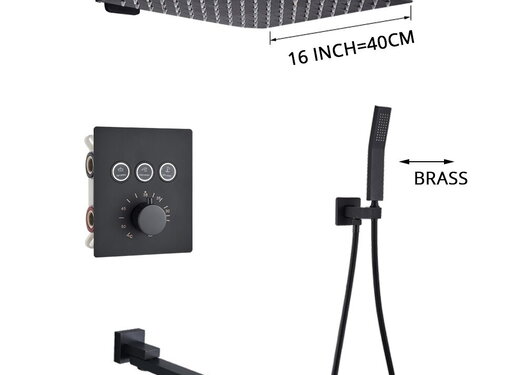 VALISA Luxe thermostatische regendouche wand kraan bad douche set zwart D 3weg 40cm muur