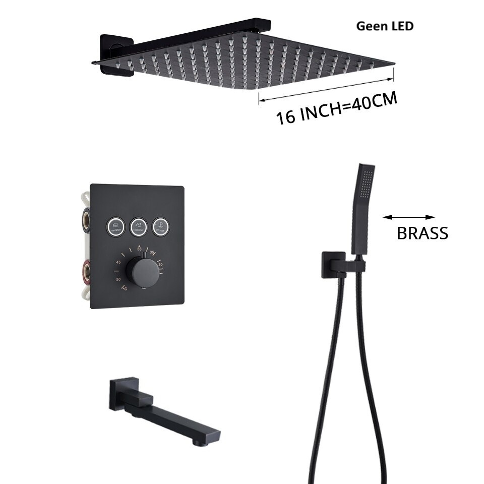 Shop nu deze Luxe thermostatische regendouche wand kraan bad douche set zwart D 3weg 40cm muur op Valisa.nl